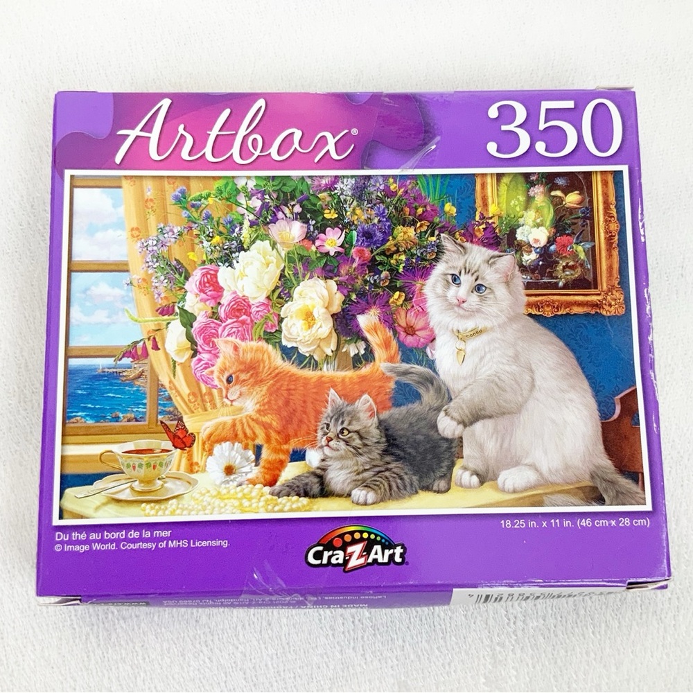 Cra-Z-Art Artbox Tea By The Sea 350 Piece Jigsaw Puzzle Cats Flowers 18x11